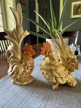 Pair of Fancy Ceramic Rooster & Hen Figurines in Cream, Gold with Orange Accents